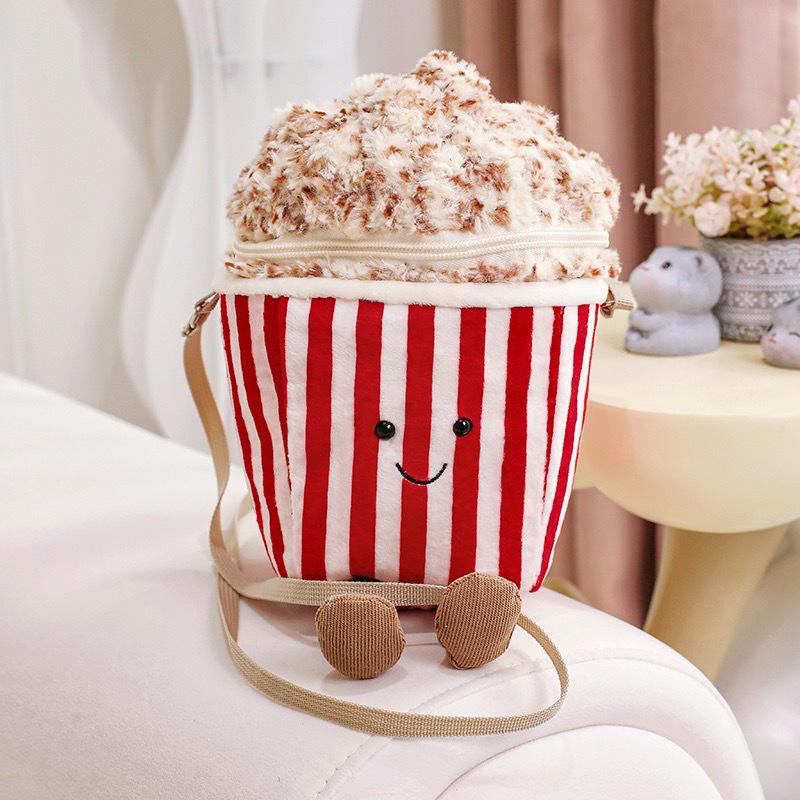 Dental Clinic Schattige Popcorn Pluche Crossbody Tas - Leuk Cadeau voor Meisjes 19cm (210g) red