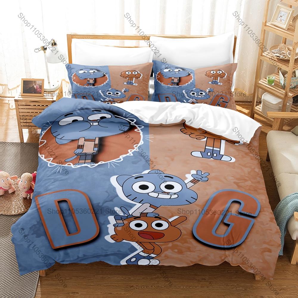 Úžasný svět Gumballa Gumball a Darwin HD Tisk Povlečení Přikrývka + 2 Povlaky na polštář Polyester Dekorace do pokoje pro kluky a dívky