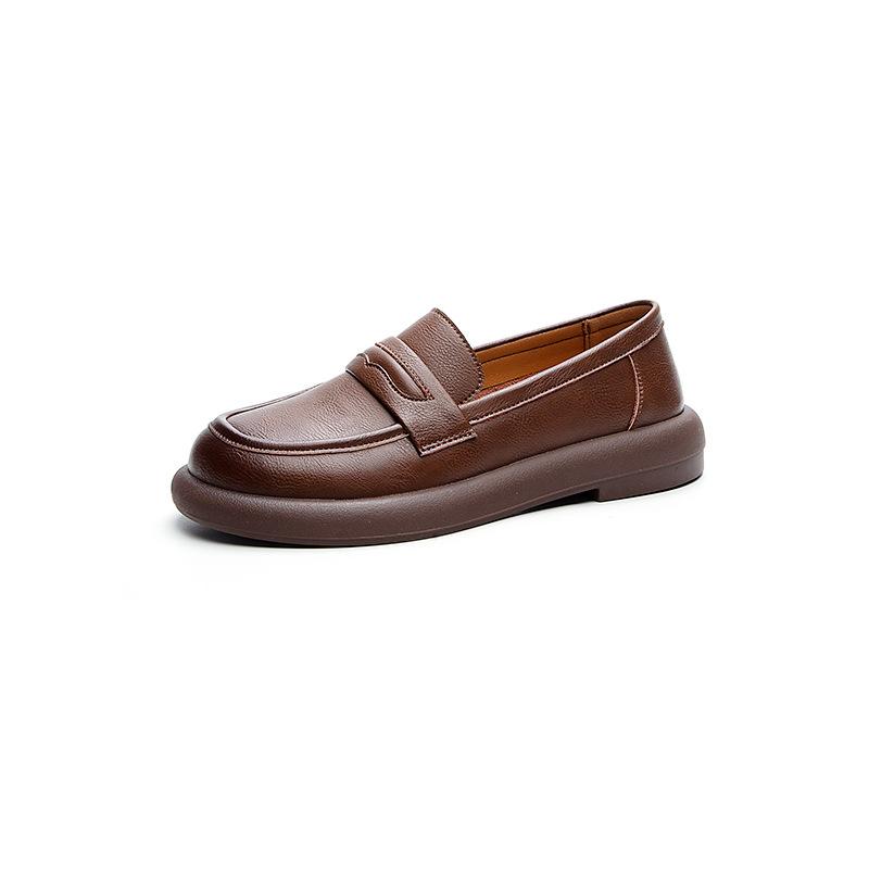 2025 Spring and Autumn New Single Shoes Cowhide Handmade Foot Cover Round Head Lazy Versatile British Style Retro Small Single Shoes Soft Sole