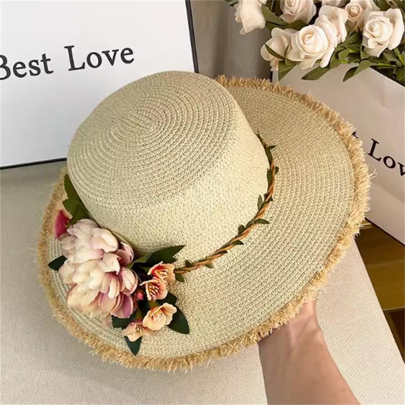 Beach Hat Flower Decoration Summer Straw Hat Women Summer Large Brim Color Matching Sun Hat Atmospheric Elegant Wedding Hat 2025