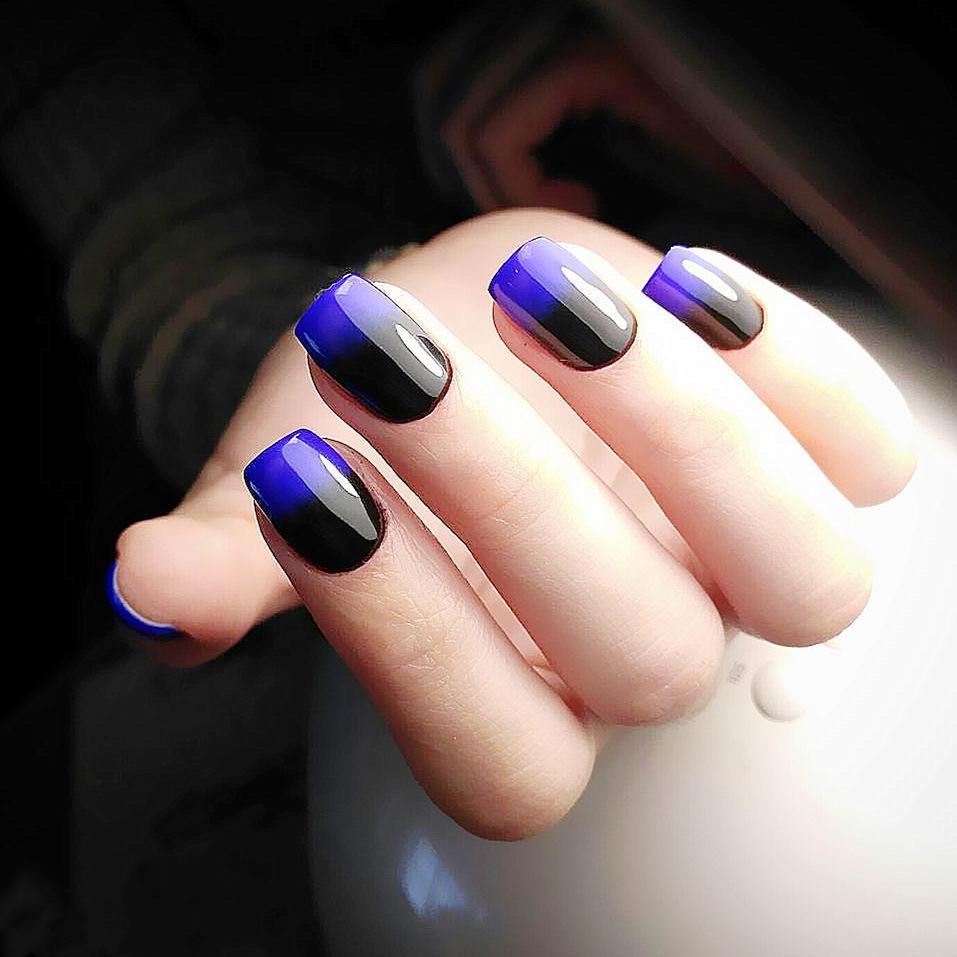 Gradient Blue-Black Press-On Nail Art Patches: Removable and Finished Fake Nails