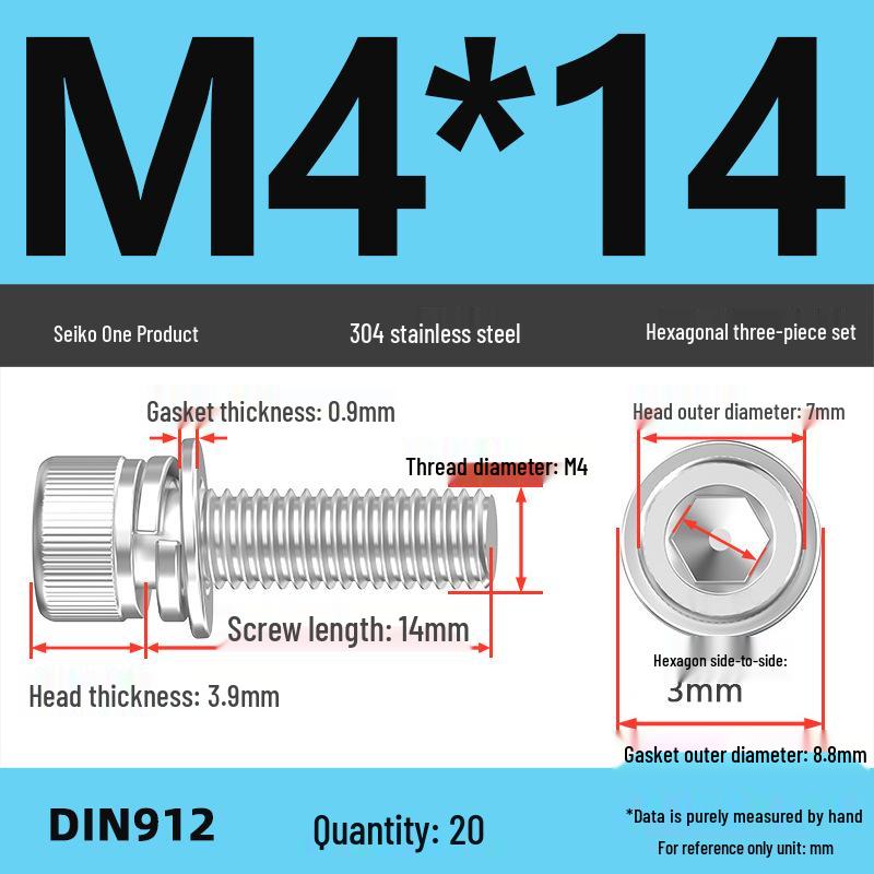 304 Stainless Steel Hex Socket Cap Screw with Washer - Sizes M3, M4, M5, M6, M8, M12
