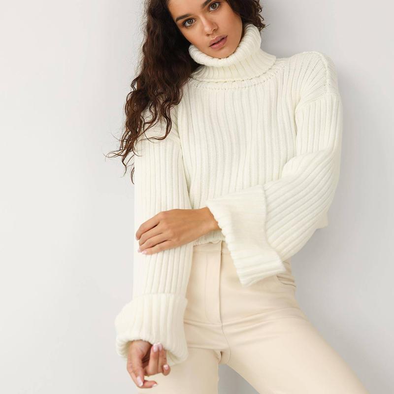 

Вязаная водолазка, женские свитера, повседневные свободные женские укороченные топы с длинными расклешенными рукавами, джемперы, осенне-зимний женский синий пуловер M белый