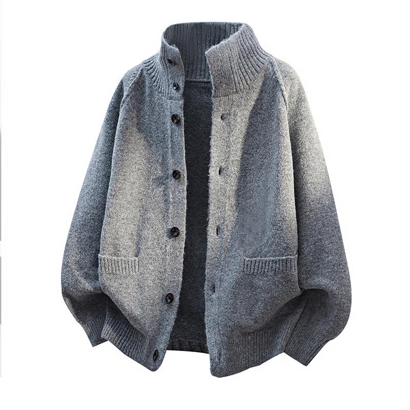 

2025 Autumn/Winter Loose Knit Lapel Cardigan - Warm Season, Gray/Navy Blue 2XL серый