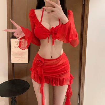 Hot Girl Ästhetik Gerafftes Patchwork Badeanzug Damen Neu Geteilt Vierteilig Sexy Bikini Set Rot Sommerurlaub Mädchen Mode Badeanzug