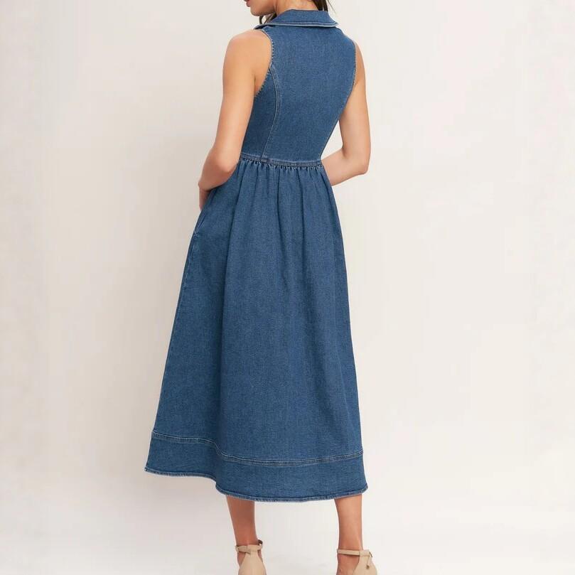 European and American style denim dress women's new sleeveless waist long thin A-shaped skirt cross-border fashion versatile skirt
