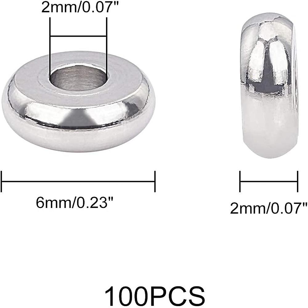 100Pcs 304 Stainless Steel Spacer Beads, Flat Round, Stainless Steel Color, 6x2mm, Hole: 1.8mm