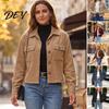 Button-up Women Coat Cropped Corduroy Jacket, Long Sleeve Button Front Winter Casual Outerwear Coat, Fall with Pockets Autumn Jacket