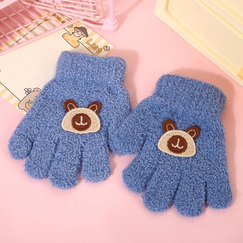 Fashion Bear Baby Fluffy Gloves Cartoon Pattern Gloves Solid Color Full Finger Knitted Mittens Girls