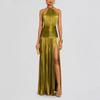 Stazione Indipendente Donna Vestito Pieghettato Colore Metallico con Spacco e Collo a Cravatta Senza Maniche Schiena Scoperta