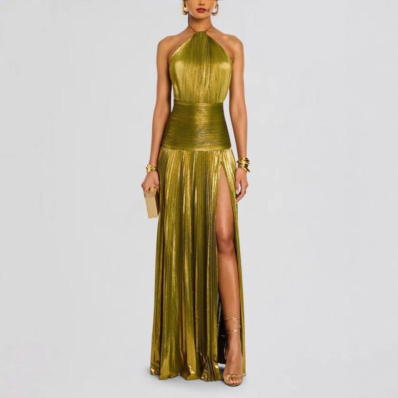 Stazione Indipendente Donna Vestito Pieghettato Colore Metallico con Spacco e Collo a Cravatta Senza Maniche Schiena Scoperta