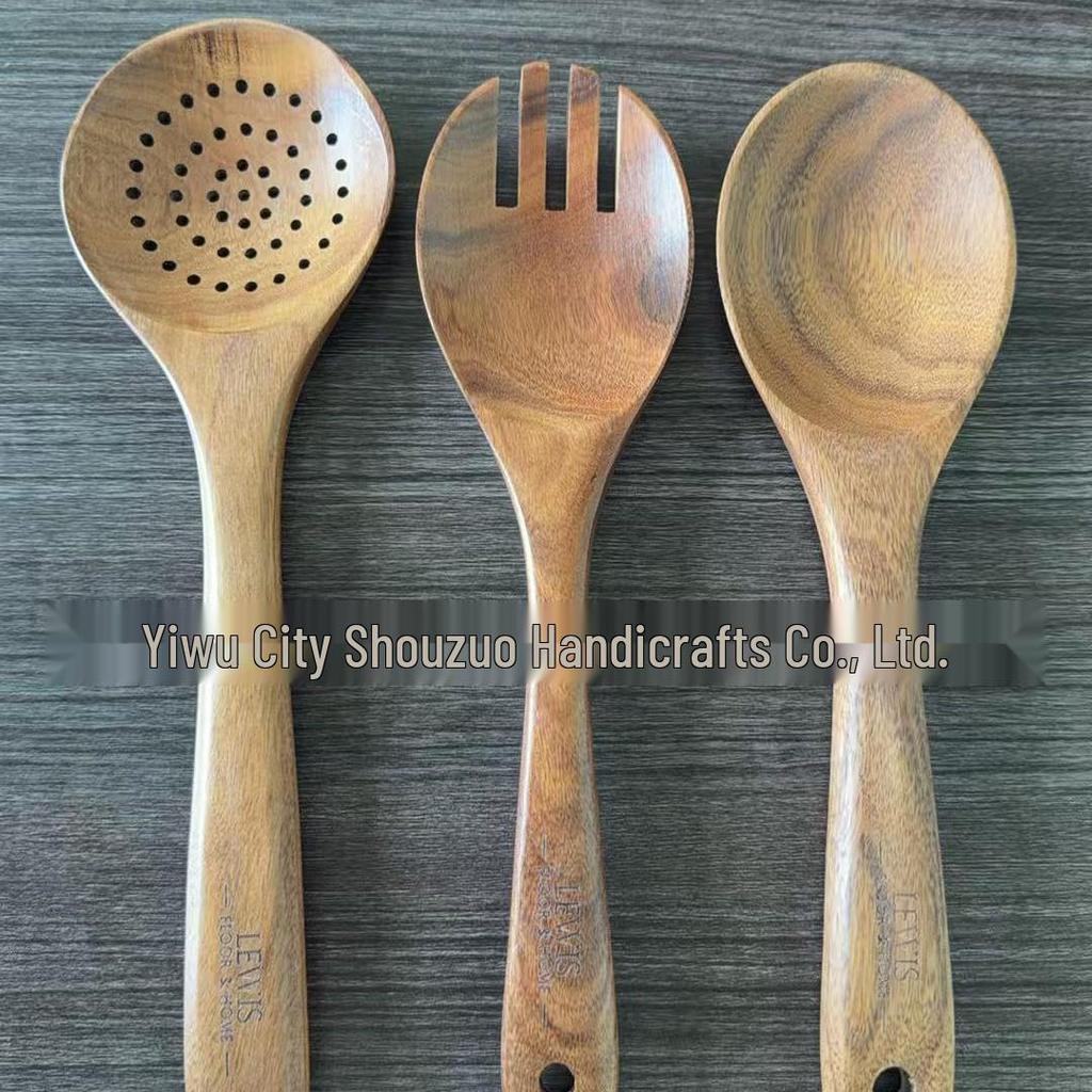 Set de bucătărie din tec și acacia: Spatulă și Lingură Perforată din Lemn pentru Wok cu Mânere Lungi pentru Tigăi Antiaderente