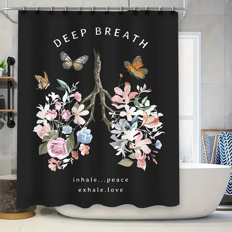 

Decorative Shower Curtain Floral Print Black Color with Deep Breath W90xH180cm