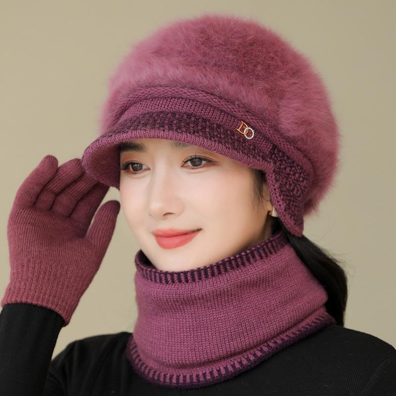 Rabbit Fur Knitted Woolen Hat for Women In Autumn and Winter  Versatile Winter Warm Hat for Mothers  Middle Aged and Elderly Ear Protective Caps