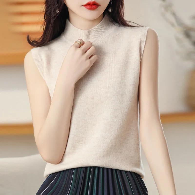 Women's Autumn Half-High Neck Knit Top with Sleeveless Pullover T-Shirt Layering