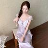 Sexy pajamas women's ice silk thin with chest pad lace lace knee long nightdress silk loungewear available