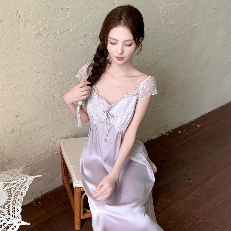 Sexy pajamas women's ice silk thin with chest pad lace lace knee long nightdress silk loungewear available