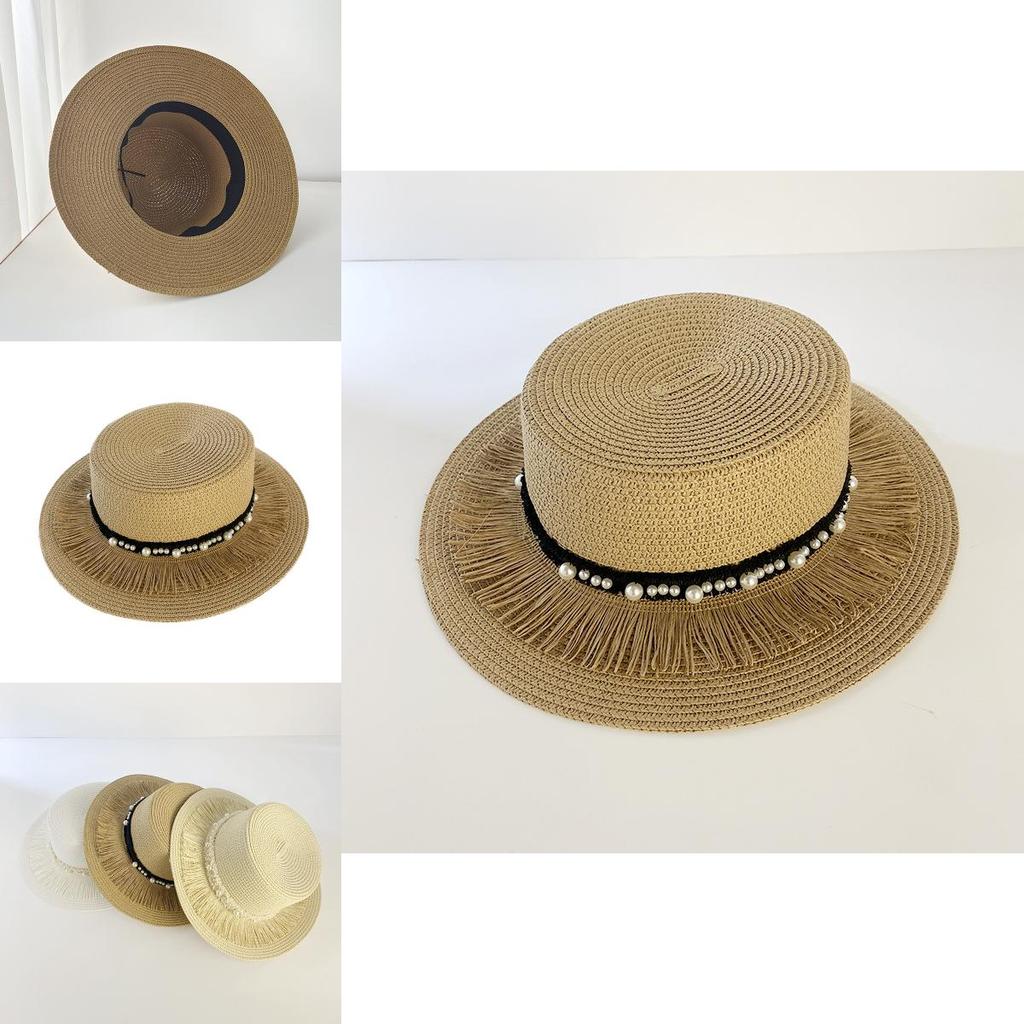 Women's Vintage Pearl Tassel Sun Hat French Retro Wide Brim Straw Hat