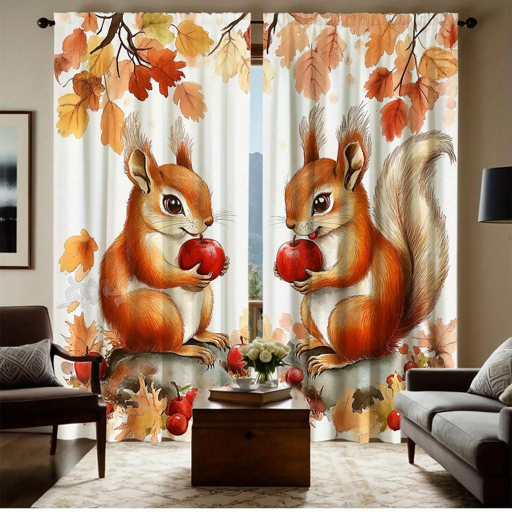 2 pieces of autumn squirrel print curtains, polyester fabric, machine washable, suitable for bedroom living room decoration