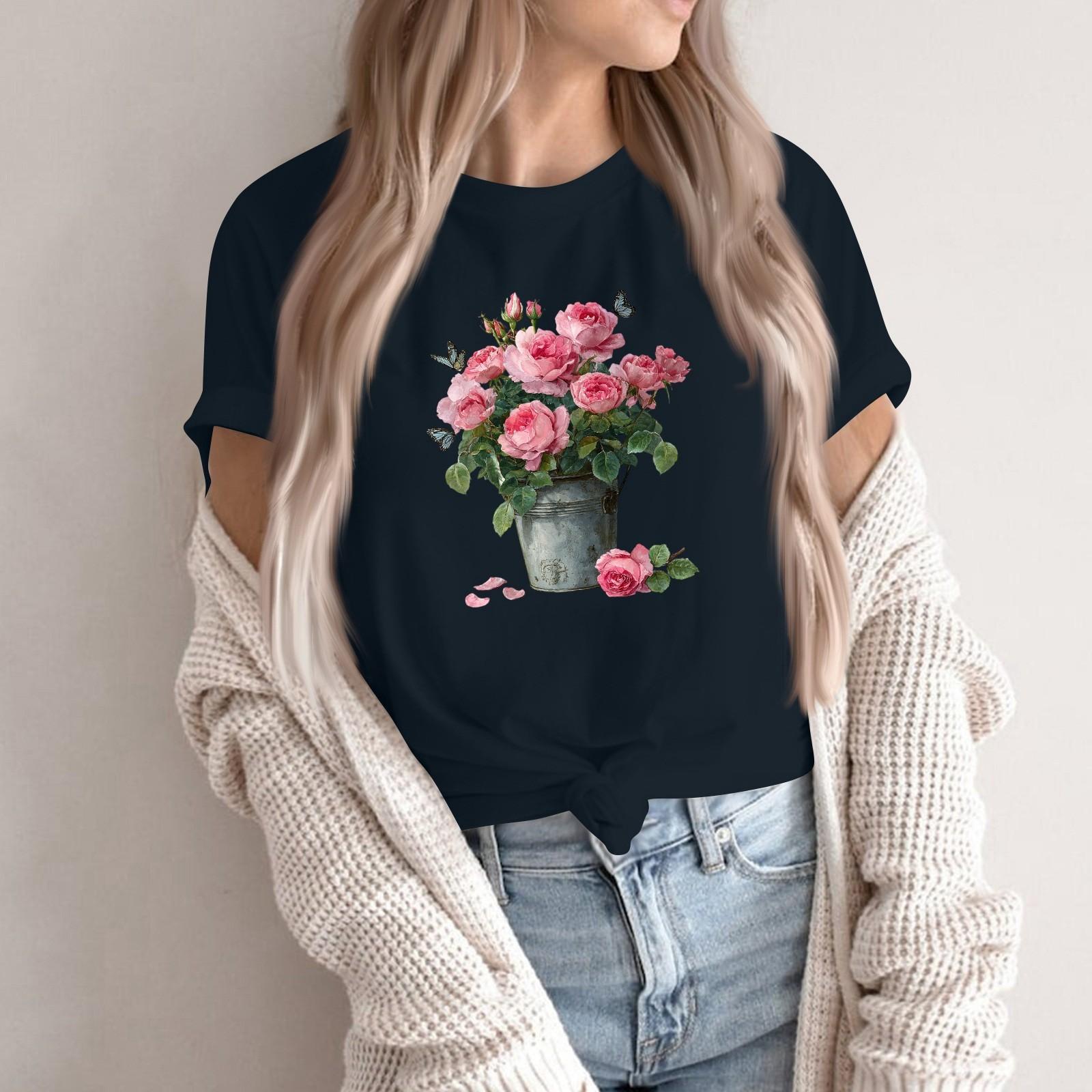 

Женская модная повседневная футболка-пуловер с принтом, круглым вырезом и короткими рукавами M тёмно-синий