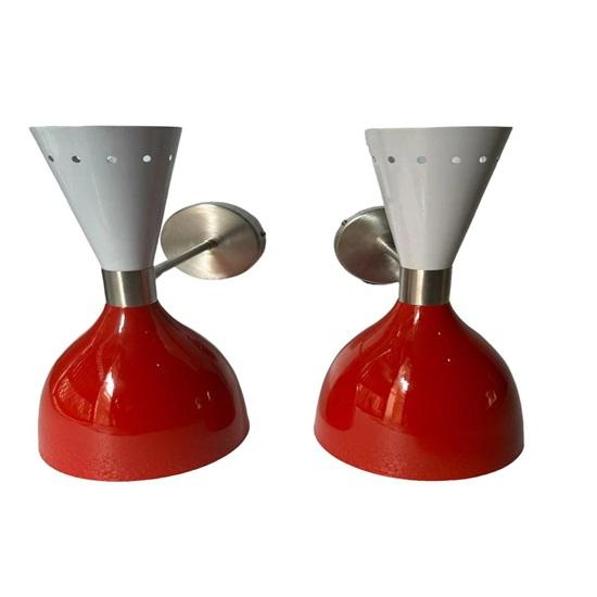 Czerwono-białe kinkiety ścienne w stylu Mid-Century Modern, mosiężne, podwójne stożkowe kinkiety ścienne do biura domowego i nowoczesnego wystroju pokoju