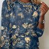 Women's Retro Floral Print T-Shirt, Casual Round-Neck Long Sleeve Top, Color-Block Design, Regular Length, Suitable for Spring and Autumn Seasons