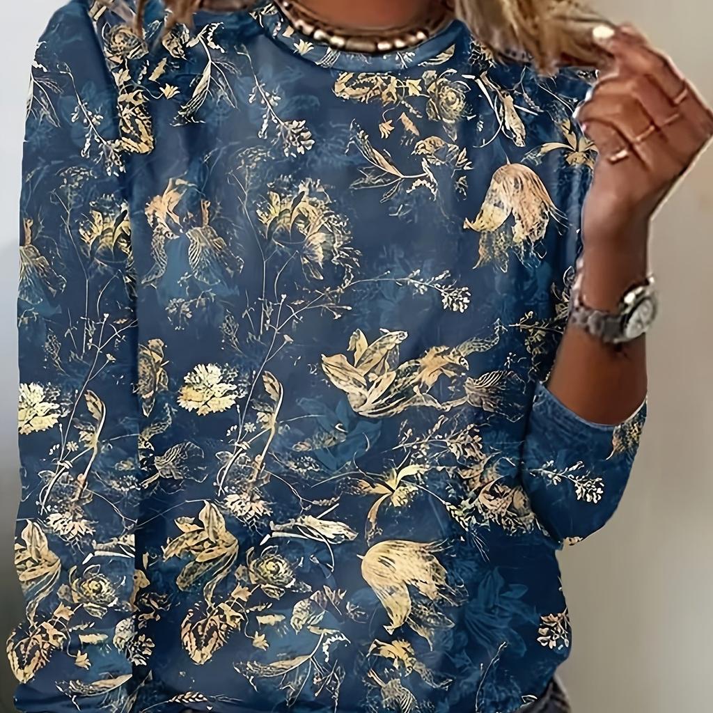 Women's Retro Floral Print T-Shirt, Casual Round-Neck Long Sleeve Top, Color-Block Design, Regular Length, Suitable for Spring and Autumn Seasons