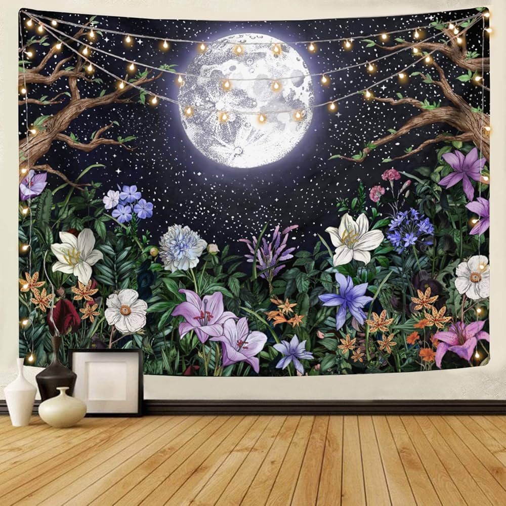 Moon Over Ocean Tapestry Full Moon Night Sky with Cherry Blossom Tree Wall Tapestry for Bedroom Cloud Pink Floral Wall Hanging