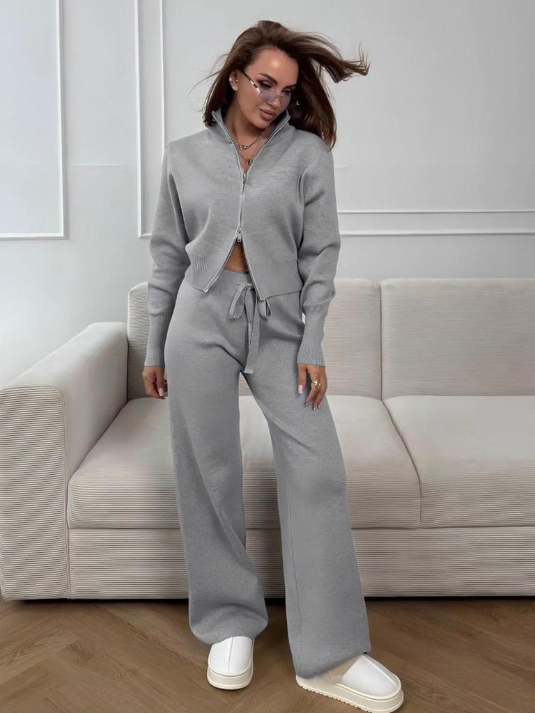 Women's Knitted Ribbed Zip Up Sweatshirt and Wide Leg Trousers Set In Pink