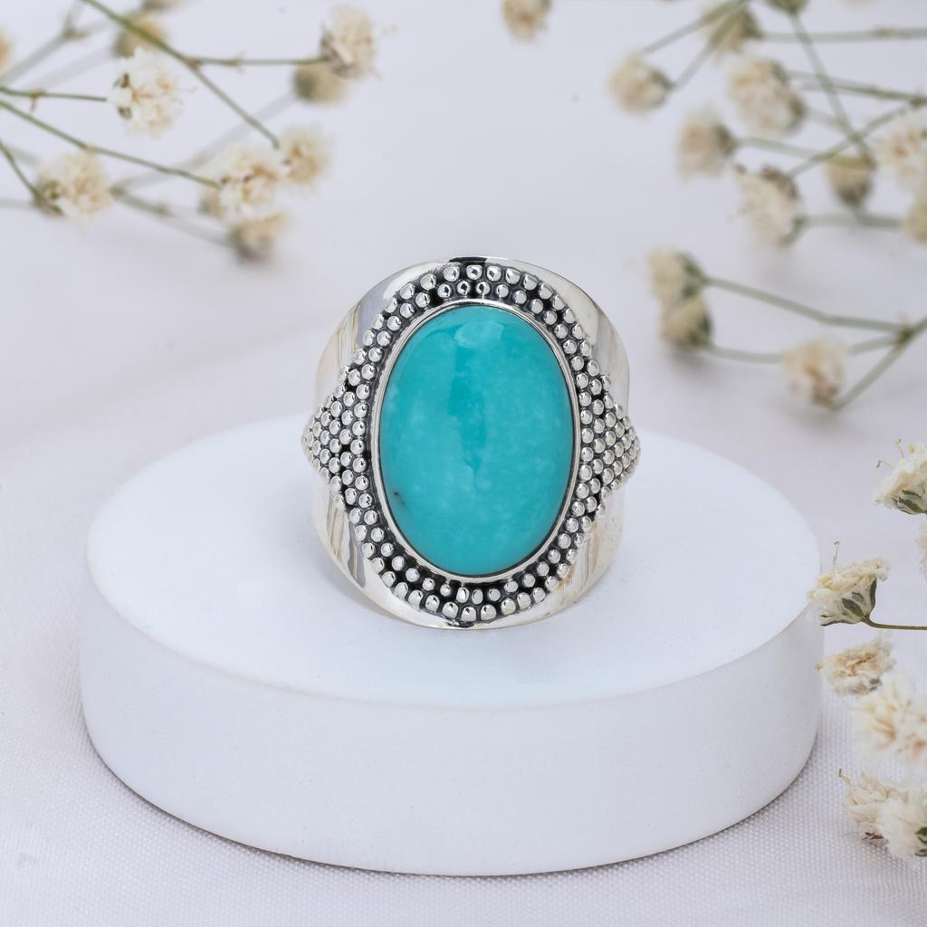 Turquoise Gemstone Ring – Tribal Boho 925 Sterling Silver Statement Ring for Women & Men – Handmade December Birthstone Jewelry