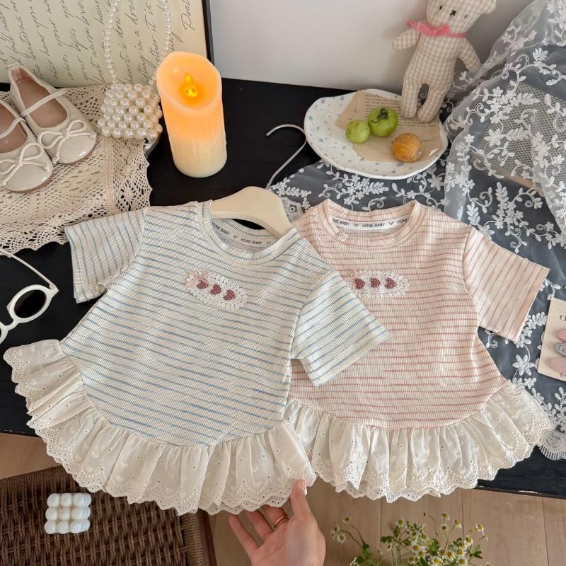 Summer Kids Girls Tees Cotton Lace T-shirt Loose Casual Sweet Short Sleeves Tops Infant Baby Girl Round Collar Tees Children Clothes