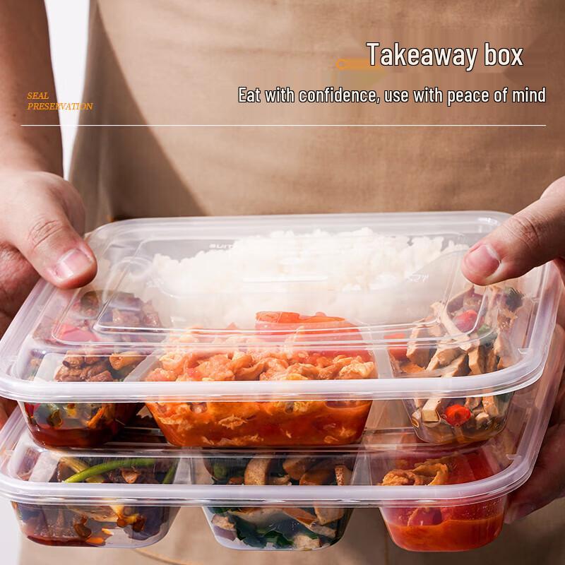 BOUSSAC Disposable 4-Compartment Plastic Lunch Box with Lid (150 Sets, 1000ml)