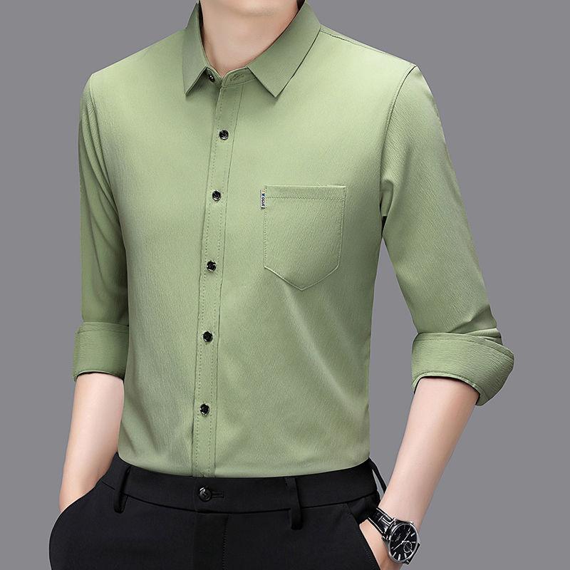 

Men s Chiffon Long-sleeved High-end Shirt Pocket Solid Color New Shirt Versatile In Spring Autumn 4XL зелений