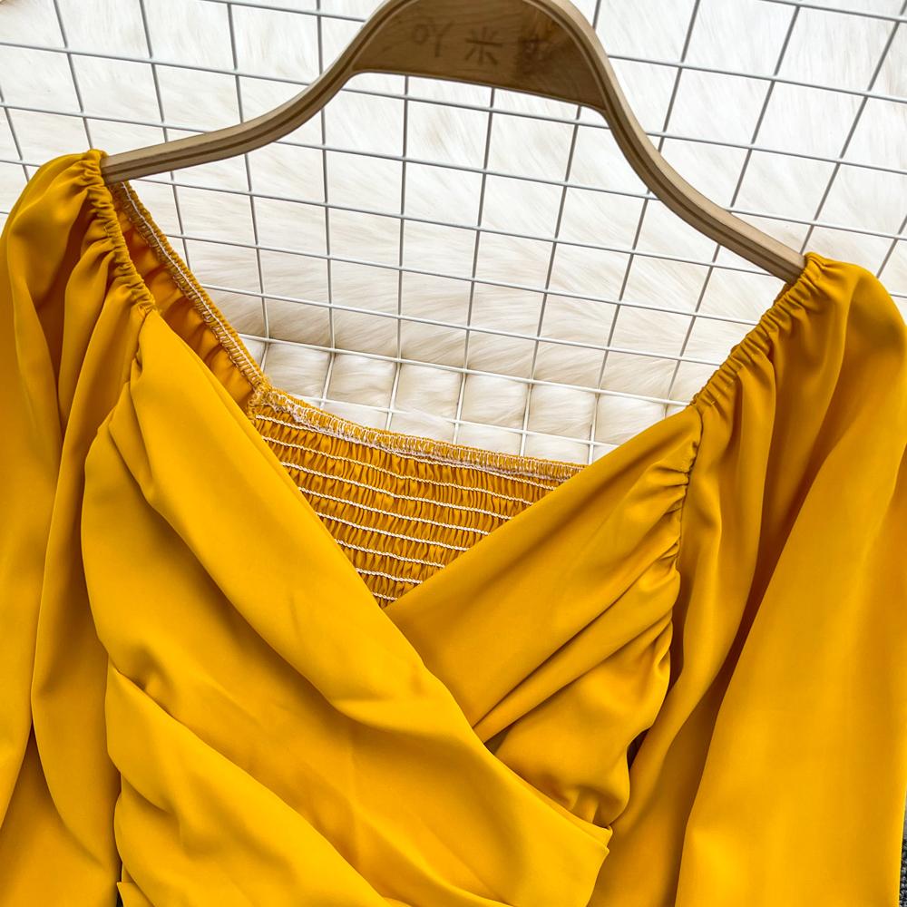 YYFS Naiste mood vabaaja kevadsügise ühevärvilise trükiga pikkade varrukatega V-kaelusega pluusid ja särgid