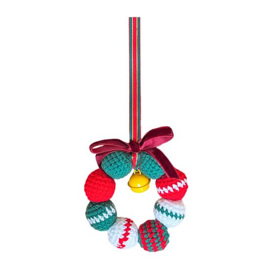 Hand-Knitted Balls Christmas Wreath DIY Knitted Small Wreath Ornament with Mini Jingle Bell for Winter Holiday Home Window Xmas Tree Decor