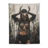 Deer Antler Skull Witch Dark Gothic Wall Tapestry Beige Black Horned Woman Tattoo Forest Occult Pagan Art Bedroom Living