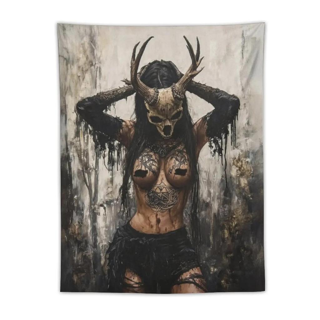 Deer Antler Skull Witch Dark Gothic Wall Tapestry Beige Black Horned Woman Tattoo Forest Occult Pagan Art Bedroom Living