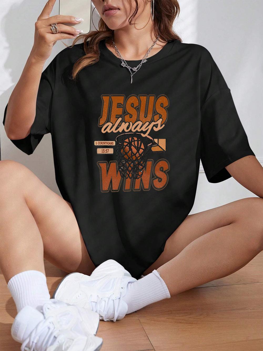 

Jesus Always Wins Basketball Letter Prints TShirt Women Cotton Summer Short Sleeve Soft Loose ONeck Tops Casual Womans Clothes 4XL
