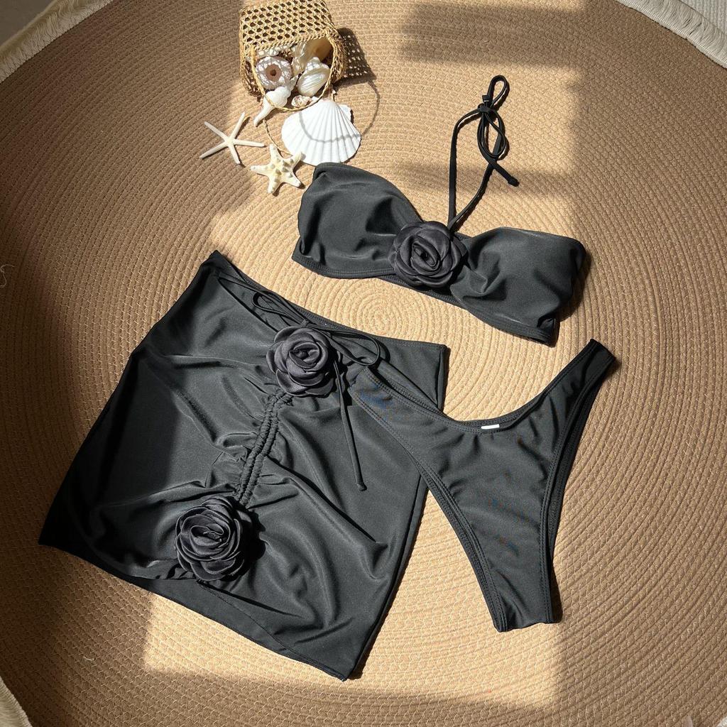 2025 Sexy Rose Sling Solid Color Three-Piece Bikini Set - European & American Style