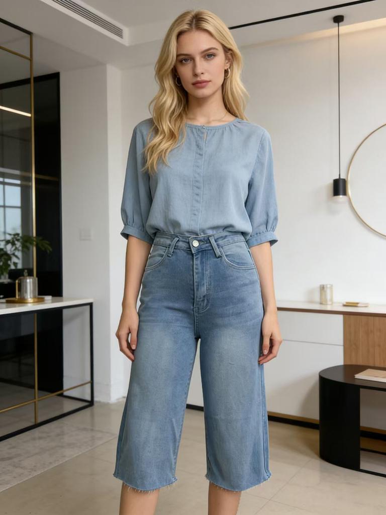 Puffanpop Women's High Waisted Wide Leg Capri Jeans - Frayed Hem Washed Denim Cropped Culottes for Casual Summer Wear