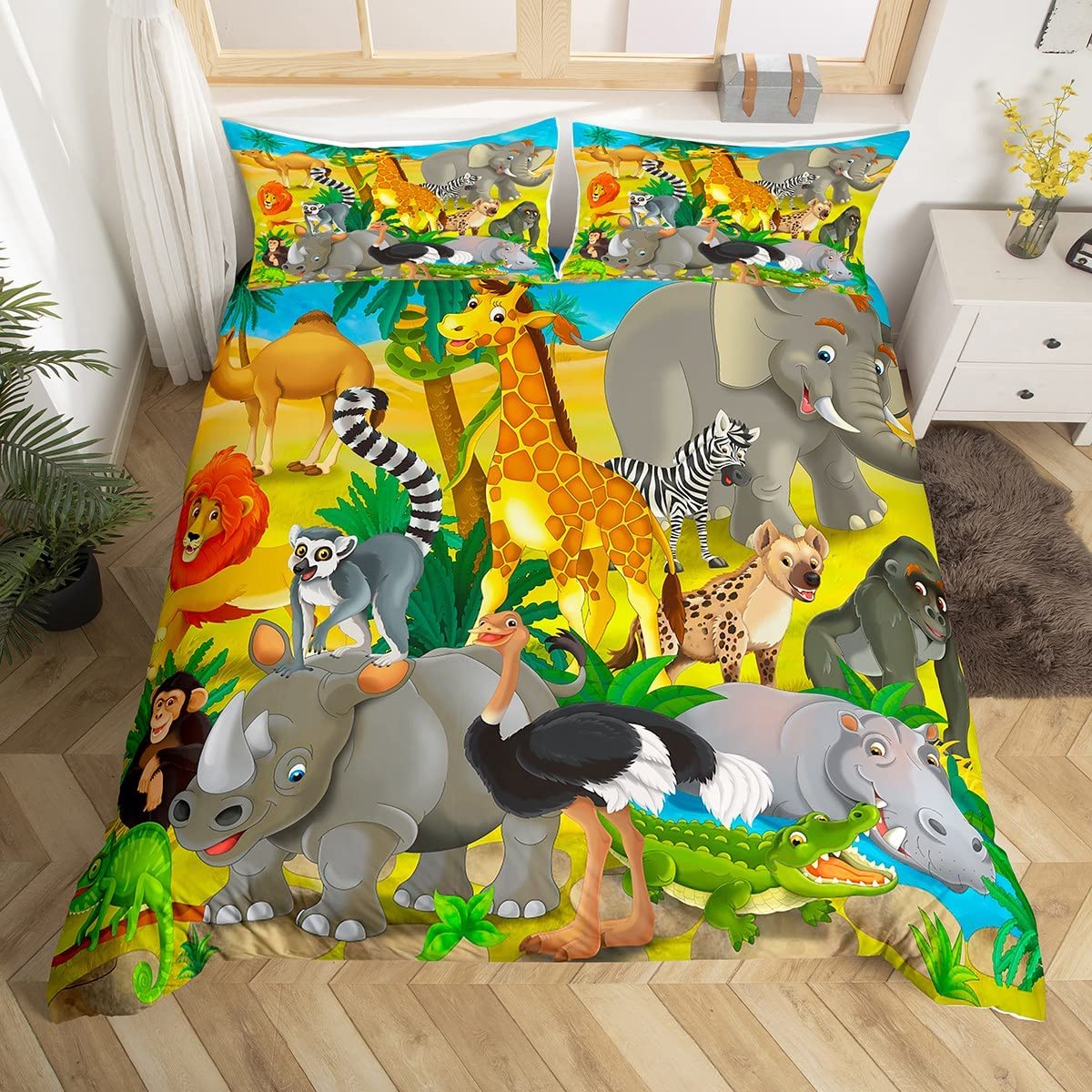 

Cute Giraffe Duvet Cover Set Kids Cartoon Animal Comforter Cover Set Boys Girls Bedroom Decor Floral Single Queen Bedding Set EU Single(135x200cm)