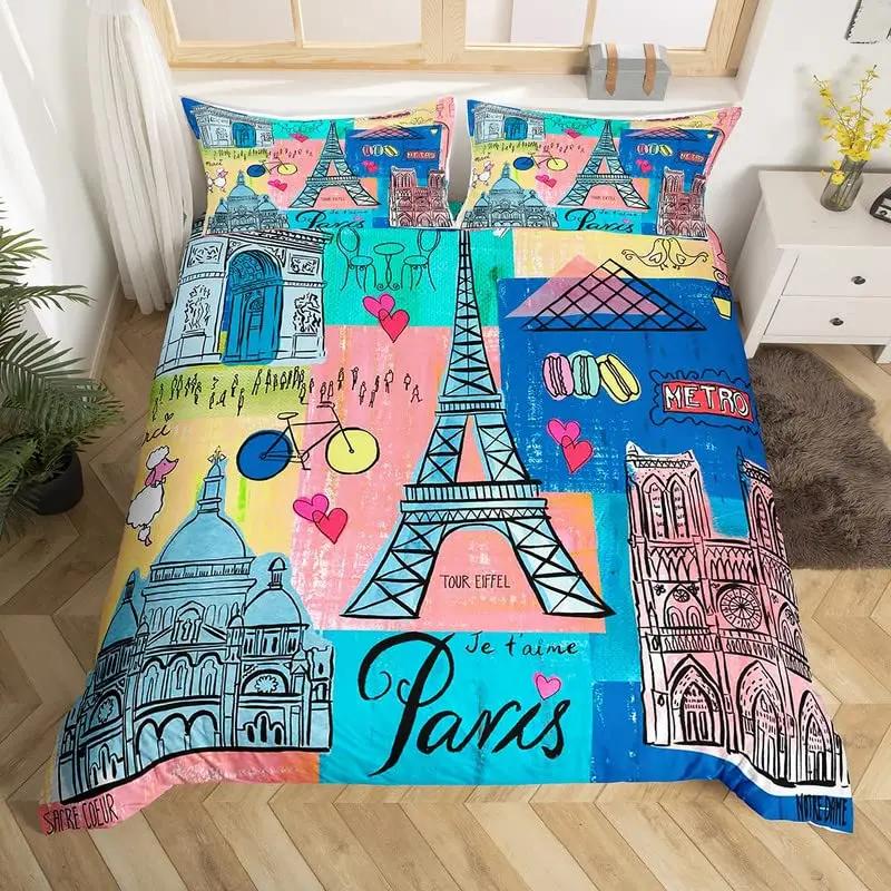 Paris Eiffel Tower Bedding Set Historical Scenery Duvet Cover Famous City Scene Comforter Cover Modern Cityscape Quilt Cover