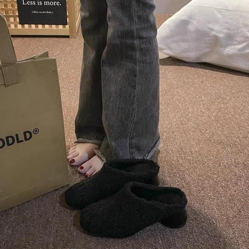 Fashion Fur Lambswool Heeled Slippers Woman Luxury Solid Color Horse Hair Round Toe Covered Toe Shoes Woman Designer Brand Casual Shoes