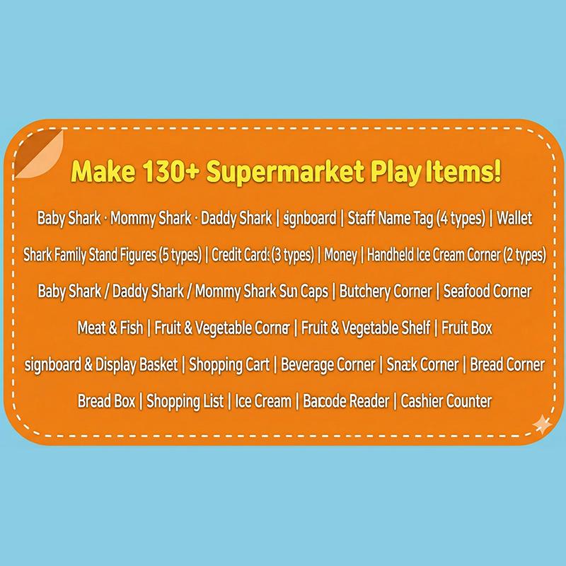 Wyprodukowano w Korei, Certyfikat KC - Pinkfong Baby Shark Książeczka Aktywności „Rozerwij i Stwórz” (Przyjęcie Urodzinowe / Supermarket) 3 opcje