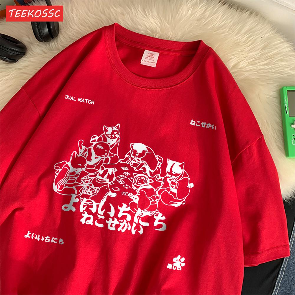 Trend Cotton Women'S T-Shirts Japanese Harajuku Style Cats Prints Short Sleeve O-Neck Oversize Breathable Summer Female Clothes