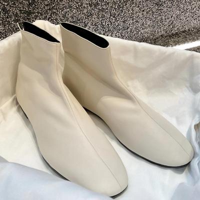 Mode Stiefeletten Damen Herbst/Winter Chelsea Boots Nischendesign Flachsohle Weiß Kleine Lederschuhe Eckige Zehenpartie Kurze Stiefel Damen