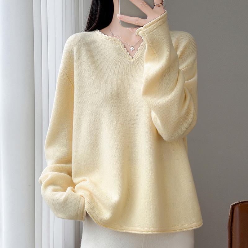 Women's 100% Wool V-Neck Lace Knit Pullover - Long Sleeve, Solid Color, Loose Fit Sweater for Autumn/Winter