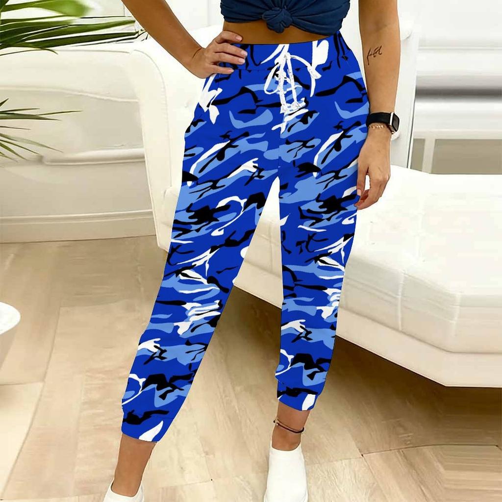 Summer Ladies Camouflage Printed Sweatpants Loose Fit Drawstring Joggers Elastic Cuff Daily Casual Pants