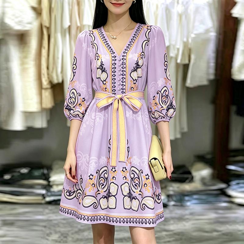 

ZANZEA Women Ethnic Print Summer Casual V-Neck 3/4 Sleeve Loose Dress 2XL фіолетовий