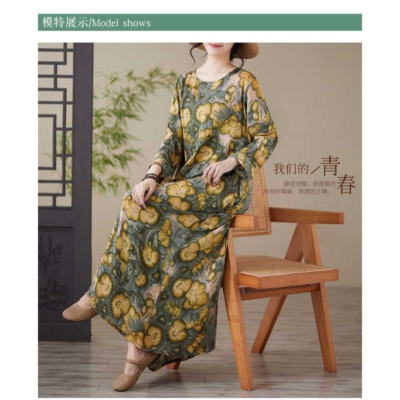 Loose Printed Round Neck Long Sleeve Dress Women's Long Dresses